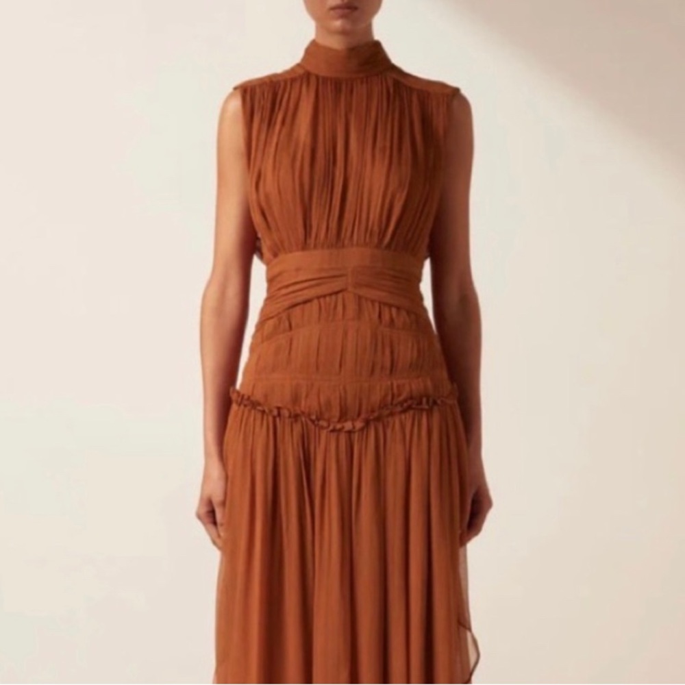 Brand new with tags never worn, and comes with bag. Beautiful chiffon dress.